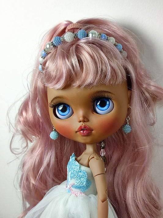 Custom Blythe doll with long pink hair dressed in a ball gown 